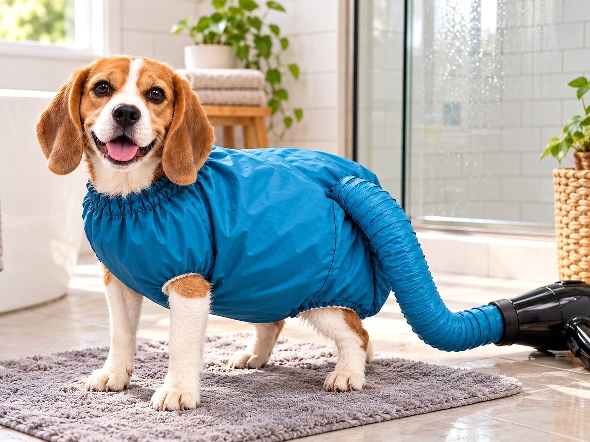 Beagle w torbie do suszenia w łazience po kąpieli
