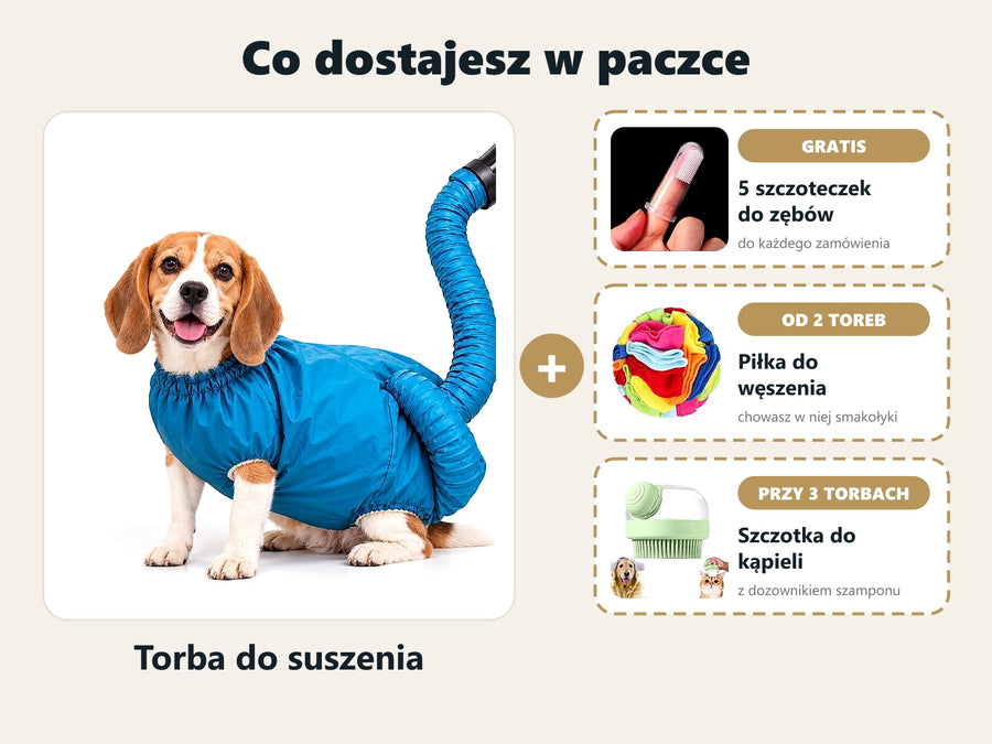 W paczce: torba SuchyPies, gratis 5 szczoteczek do zębów, od 2 toreb piłka do węszenia, przy 3 torbach szczotka do kąpieli